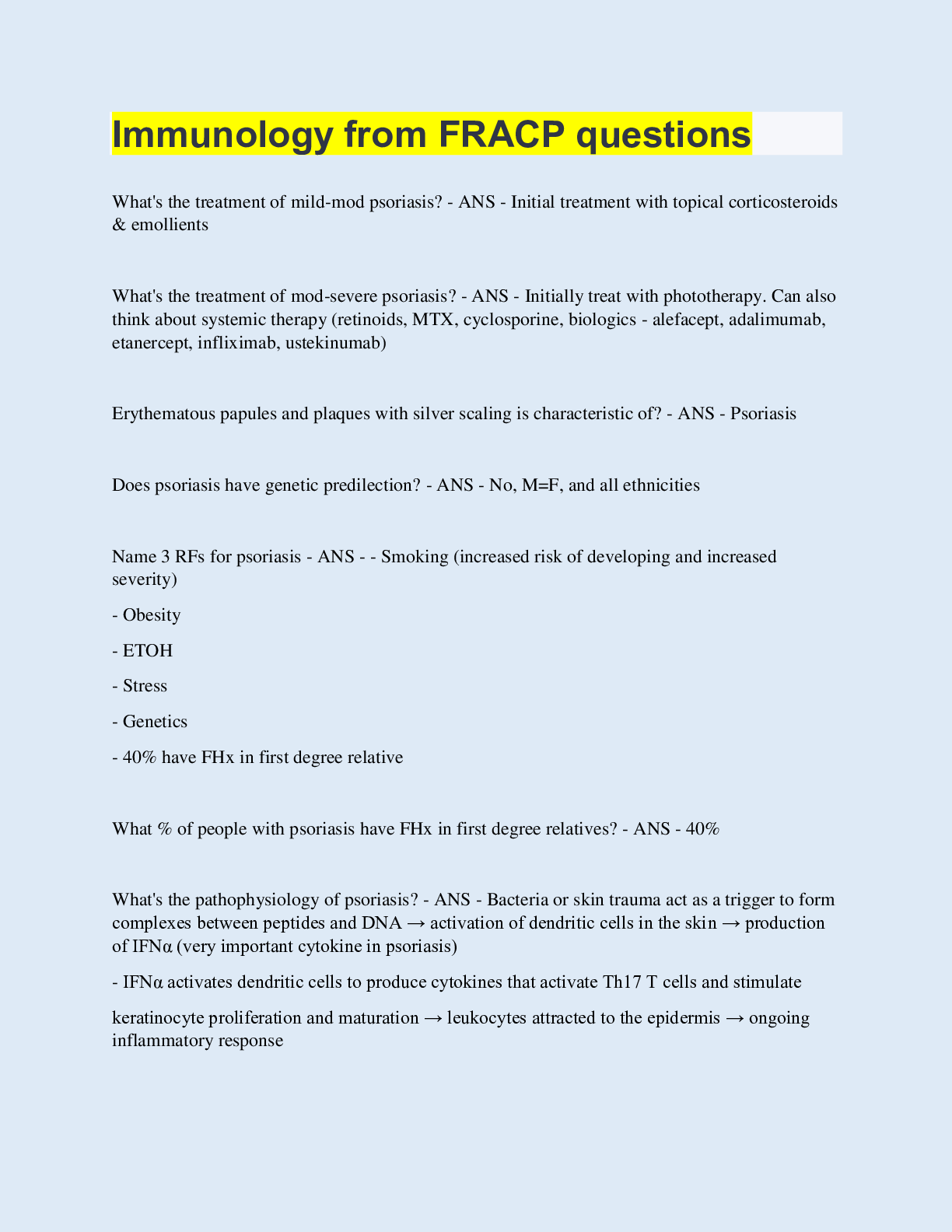 Preview image for Immunology from FRACP questions | 120 Questions with 100% Correct Answers | Updated & Verified